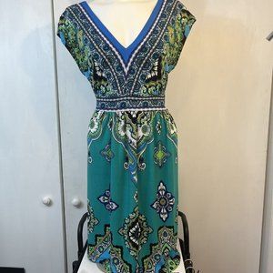 Kiara Empire Dress S Turquoise Teal Blue Paisley Floral V Neck Short Cap Sleeves